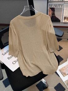 Franclia New Stylish Round Neck Puff Sleeve Knit Top For Women - Apricot - View 2