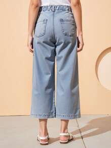 DENIMLY 女童春夏复活节假期轻度洗涤，配有抽绳平装腰带和平口袋，莱赛尔面料让您的少女肌肤在夏日酷爽。宽松阔腿版型。 - 淺色水洗藍 - 查看 2