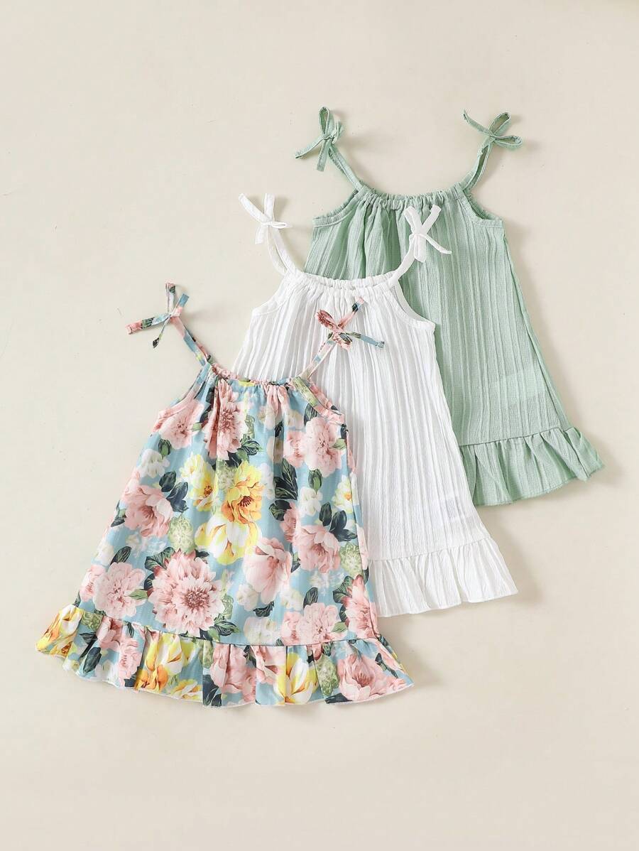 SHEIN Bộ 3 váy mùa hè cho bé gái, váy kẻ sọc và dây nơ màu trơn, thích hợp mặc thường ngày, váy dành riêng cho bé gái - Nhiều màu - Xem 1
