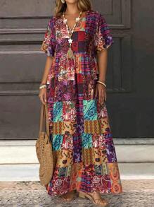 EMERY ROSE 大码女式花卉印花V领短袖休闲连衣裙 - 彩色 - 查看 3