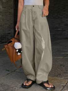 Livesso Women's Solid Color Loose Fit Straight Leg Pockets Pants, Casual Wear For Spring & Summer - Army Green - View 5