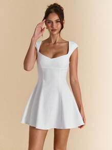 SHEIN BAE 女士白色方领露背泡泡袖连衣裙，优雅夏装，约会晚礼服，伴娘迷你连衣裙，优雅小黑裙，春夏 - 白色 - 查看 4