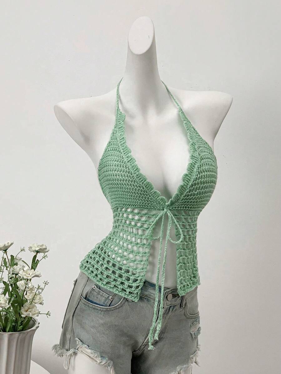 SHEIN Unity 轻盈镂空性感薄荷绿露背针织毛衣,夏季 - 綠色 - 查看 1