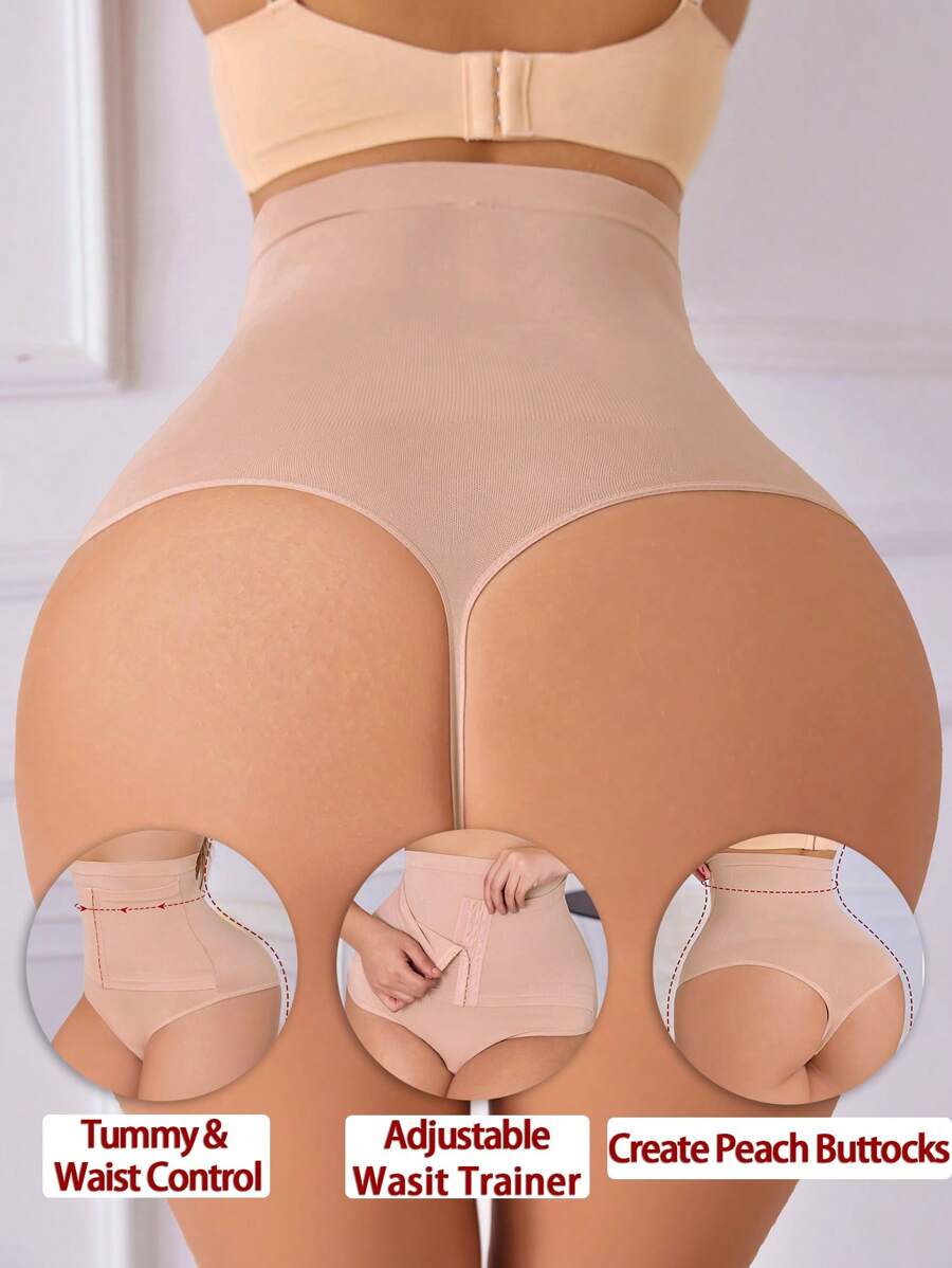 SHEIN Women Solid Tummy Control Body Shaper Seamless High Waist Cincher Shapewear Bottom With Hook-And-Eye Closure And Thong Design - Apricot - View 1