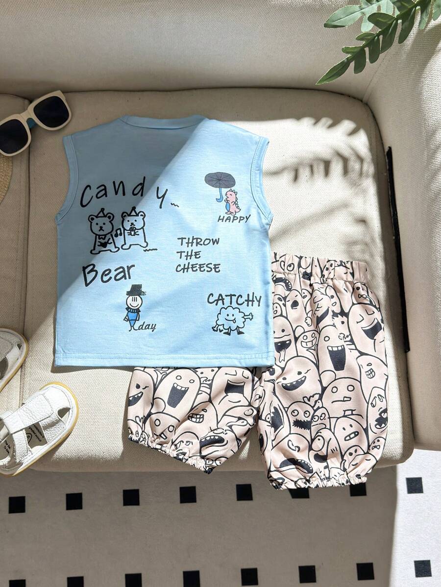 Conjunto de parte superior sin mangas y pantalones con estampado de graffiti y dibujos animados para bebé