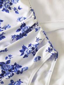 SHEIN Tween Girls Flower Print Tankini Swimsuit With Coverup Set - Blue and White - View 5