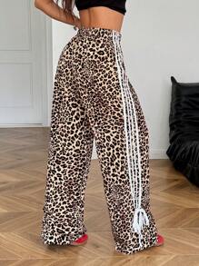 SHEIN EZwear 女式休闲豹纹侧蝴蝶结腰裤 - 棕色 - 查看 2