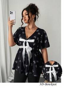 Elenzga Plus Size Women's Summer Casual Vacation Ribbon Bowknot Ruffled Sleeve A-Line Waist Shirt - Black - View 4