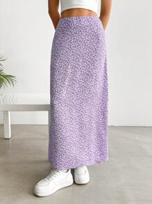 SHEIN EZwear 女式高腰长款雪纺碎花休闲裙，夏季，浅紫色 - 紫色 - 查看 3