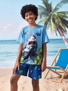 Shark Week X SHEIN Tween Boy Casual Shark Print Round Neck Short Sleeve T-Shirt And Shorts Set, Summer - Multicolor - View 6