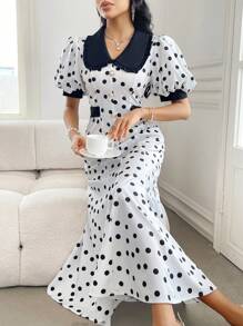 Modelyn Black & White Patterned Peter Pan Collar Puff Sleeve Dress - Black and White - View 5