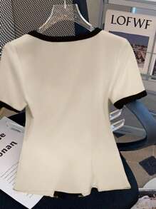 Celisse Women Knit Blend Short Sleeve Casual Metal Button Sequin Bowknot Fitted T-Shirt, Crew Neck, Summer Holiday (Random Pattern) - Apricot - View 2