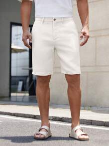 Manfinity VCAY Pantalones cortos rectos de media cintura de unicolor tejidos para hombres, adecuados para uso casual en primavera y verano, Old Money - Blanco - Ver 3