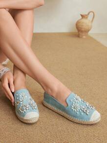 Styleloop Cuccoo Turquoise Beaded Diamonte Rope Sole Fisherman Flat Shoes For Women - Ice Water - View 5