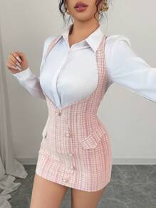 Elenzga Gonna a matita elegante e romantica da donna con decorazioni a bottone in vita alta e bretelle