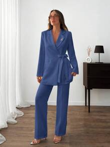 EURMUSE WOMEN ELEGANT SUIT SET WITH BELT DETAILED - Blue - View 7