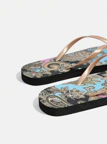 Grefit Sandal Jepit Datar Wanita Bermotif, Nyaman & Elastis, Cocok untuk di Rumah, Pantai, dan Liburan - Hitam - View 4