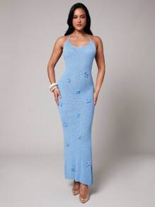 Silquee 女士优雅性感蓝色3D立体花卉吊带连衣裙，露背钩针编织，V领性感夏季度假长款吊带连衣裙，女士连衣裙，夏季，女士夏季服装，夏季服装，女士沙滩装，女士优雅服装，女士夏季服装，女士沙滩裙 - 藍色 - 查看 3