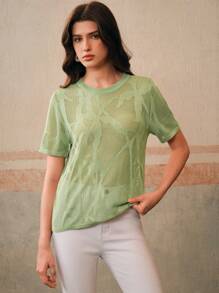 Anewsta Suéter de punto para mujer con diseño calado, cuello redondo, semi transparente y hueco, para vacaciones y playa - Verde - Ver 5