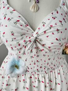 Flirla Plus Size Women's Spring/Summer Square Neck Twisted Chest Short Sleeve Ruched Double Hem Ditsy Floral White Knee-Length Dress - White - View 4