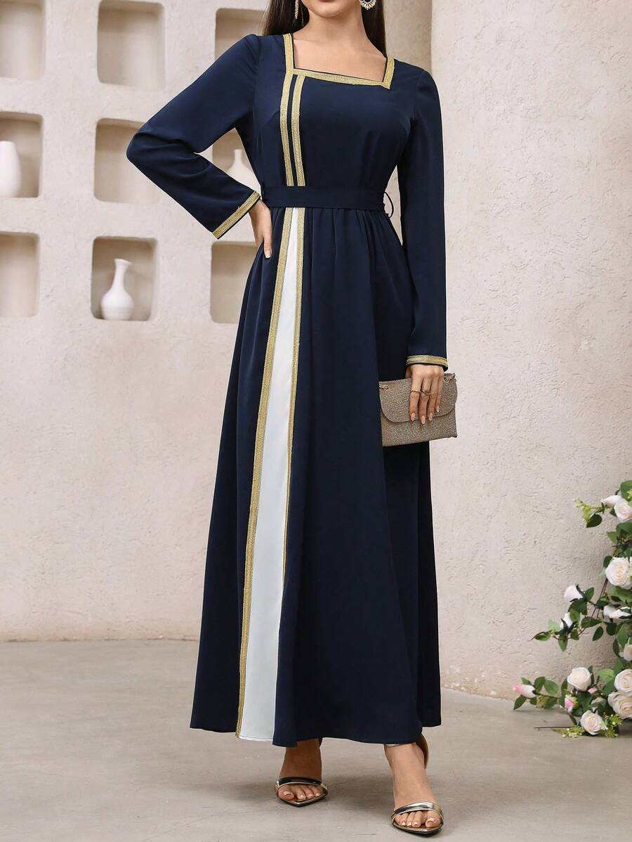 Chiquease 法式优雅浪漫编织蓝色拼接白色腰带金色蕾丝边长裙女装夏季 - 藍白色 - 查看 1