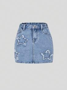 Falda vaquera informal y versátil con cintura elástica y bordado de estrella de cinco puntas, para niñas preadolescentes - Azul lavado medio - Ver 6
