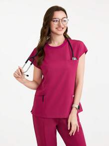 Scrubzie Women's Solid Color Round Neck Short Sleeve Pocket Casual /Nursing Scrub Top