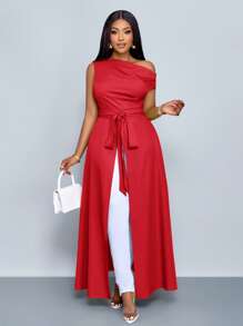 SOLERSUN Christmas Women's Plus Size Asymmetrical Neck Blouse Split Thigh Tie Front One Shoulder Shirts