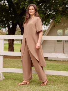 LanaWest Top cu mâneci mijlocii și pantaloni lungi, cu gât rotund și pantaloni lungi, set casual de primăvară/vară - Maro - Vizualizare 6