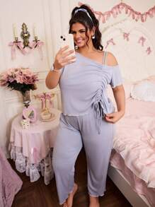 SHEIN Plus Size Solid Color Fashionable Pajamas Set, Suitable For Summer - Baby Blue - View 3