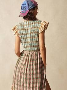 Bohemela Boho Woven Plaid V-Neck Slit Dolman Sleeve Mid-Length Dress For Women - Multicolor - View 5