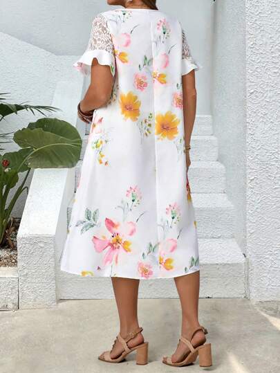 Plus Size Vacation Casual Lace Patchwork Floral Print DressEmery Rose