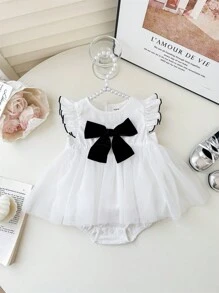 Newborn Baby Girl Cute Summer Versatile Knit Mesh Patchwork Bow Decor Cap Sleeve Bodysuit