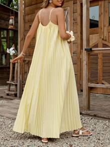 SHEIN LUNE 奶油黄女士夏季度假纯色宽松褶皱吊带连衣裙 黄色正式连衣裙 黄色真丝连衣裙 女士夏季连衣裙 毕业礼服 女士连衣裙 夏季防晒连衣裙 婚礼宾客礼服 - 綠色 - 查看 2