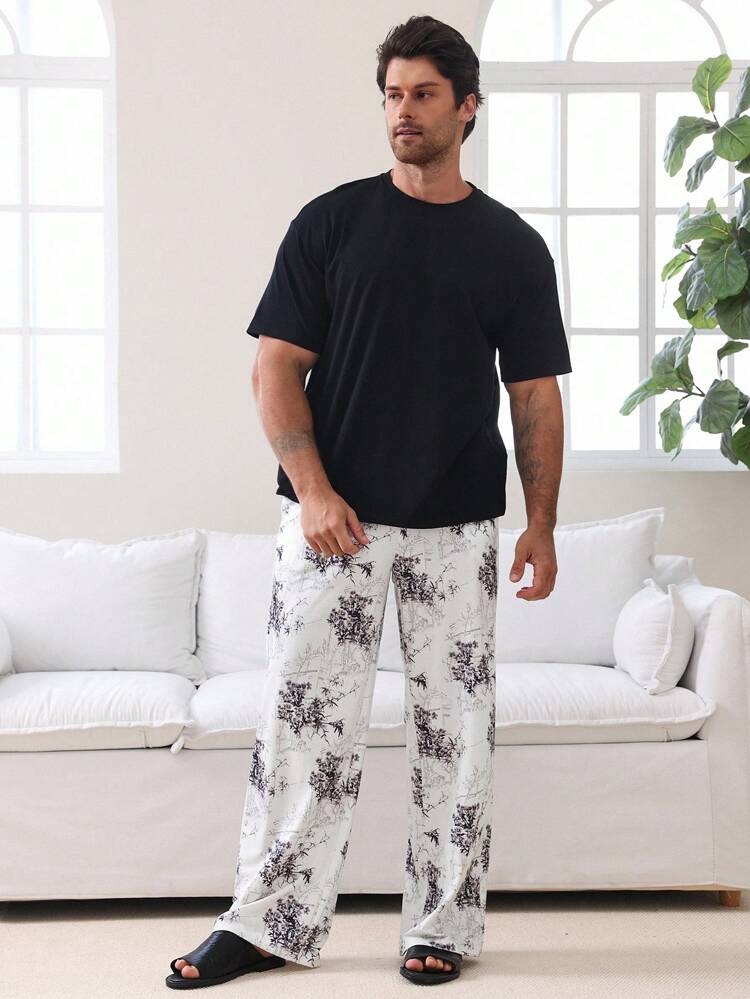 Summer Solid Color T-Shirt Paired With Multicolor Men's Pajama Set