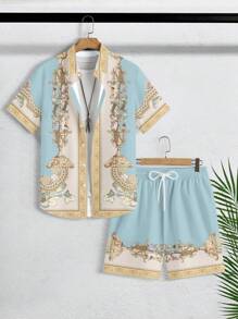 Manfinity KASUA Conjunto de camisa de manga corta abotonada de ajuste estándar con estampado de elemento de lujo grabado y pantalón corto, 2 piezas, adecuado para vacaciones de verano, citas, fiestas, atuendo de pareja, gran regalo para el novio