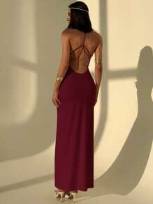 Aloruh Elegant Solid Color Sexy Backless Tie Design Sleeveless Formal Gown Beach Summer Dresses For Women - Burgundy - View 7