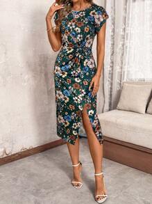 SHEIN Clasi Waist Twist Knot Open Slit Round Neck Dress For Women