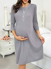 SHEIN Abito maglia premaman a v con bottoni a metà, maniche a 3/4, monocromatico, vestito casual ampio da casa