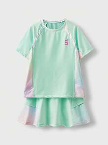 JNSQ 青少年女孩拼色短袖上衣和迷你裙户外运动套装 - 彩色 - 查看 5