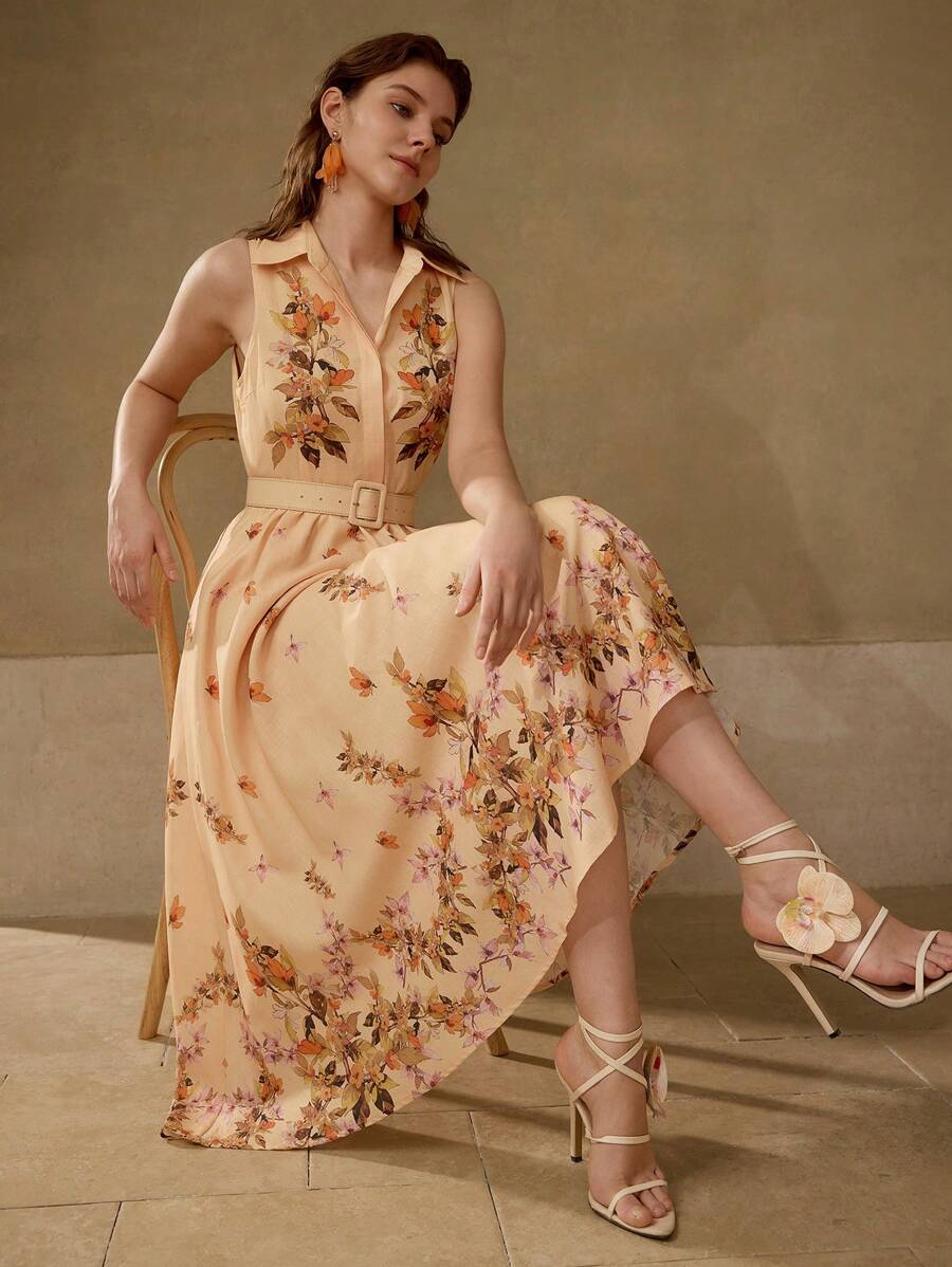 MOTF PREMIUM VESTIDO ESTAMPADO FLORAL CON CINTURÓN - Naranja - Ver 1