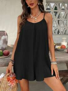 SHEIN VCAY 梭织半袖宽松女式连体衣，女式夏季服装，女式夏季服装 - 黑色 - 查看 5