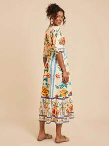 Travachic Woven Print Short Sleeve V-Neck Dress For Women Work Summer Dresses Women Dresses Elegant Gown Women Summer Clothing Woman S Summer Clothes Women Short Dresses Summer - Multicolor - View 2