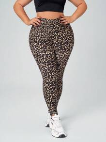 SHEIN Essnce Plus Size Women Leopard Print Soft & Stretchy Denim Leggings, Summer - Brown - View 4