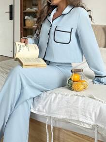 Lowkey Lull Women's Pajama Set With Trimmed Single Breasted Long Sleeve Top And Pants, Fall Winter Clothes - Blue - View 3