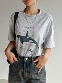 DAZY 女士动物印花圆领休闲短袖 T 恤图案 T 恤超大 T 恤 - 灰色 - 查看 7