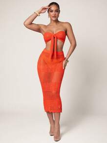 Silquee 女士纯色镂空扭纹前短款性感针织吊带背心 - 亮橙色 - 查看 6