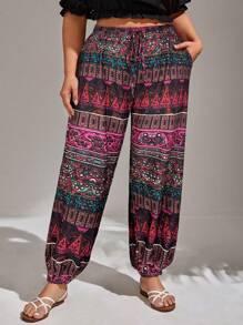 SHEIN VCAY Plus Geo Print Slant Pocket Knot Waist Summer Pants - Hot Pink - View 1