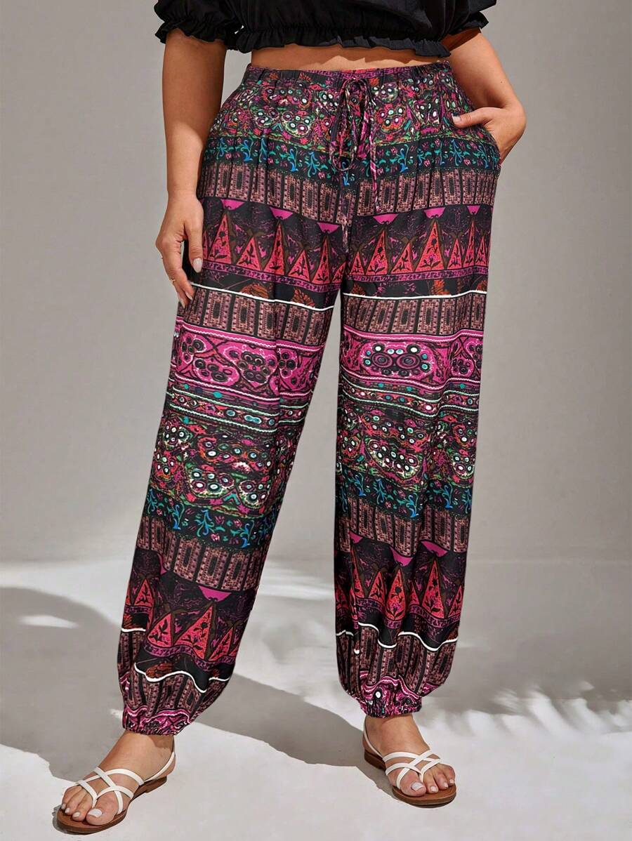 SHEIN VCAY Plus Geo Print Slant Pocket Knot Waist Summer Pants - Hot Pink - View 1