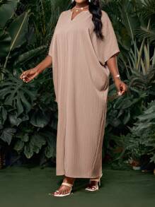 SHEIN Lady Holiday Dresses Plus Size Champagne Woven Short Sleeve Women's Robe Loose Drape Holiday Bridal Shower Dress Beach Women's Tall Long Slim Dress Cruise Outfits Women - Beige - View 4